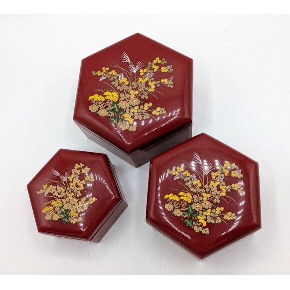 Vtg 3 Nesting Boxes Red Plastic Floral Transfer Hexagon Shape Jewelry Hong Kong - Picture 1 of 8